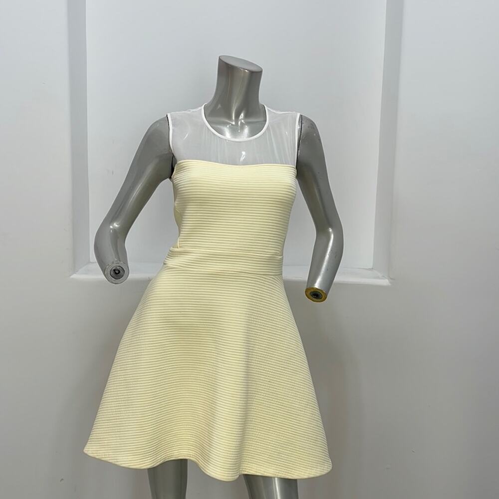 Sandro A-line Mini Dress Sheer Mesh Illusion Neckline Yellow White Size FR 3